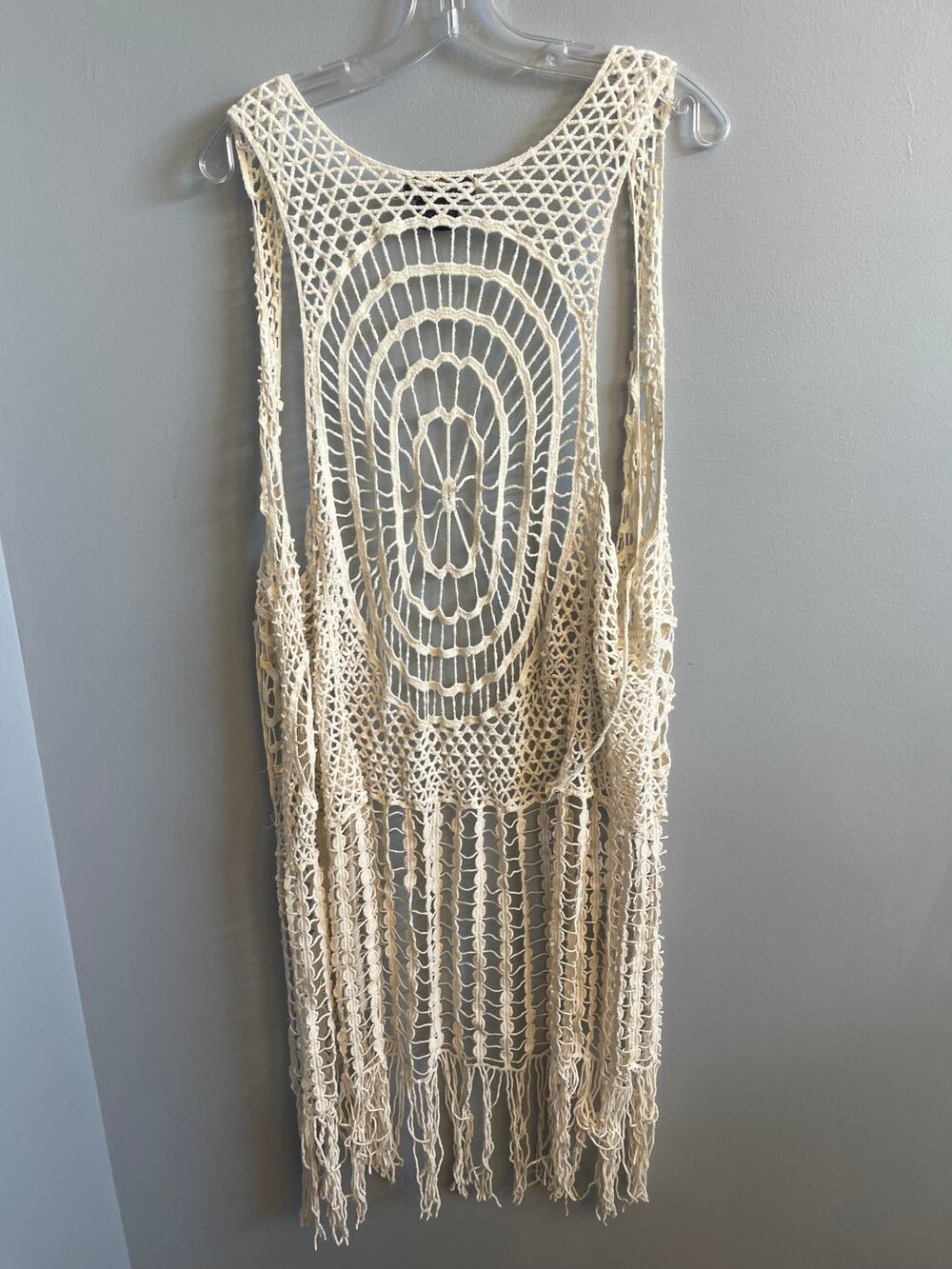 ABS Allen Schwartz Ivory Crochet Duster Vest Fringe Medallion Boho Festival M